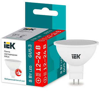 Лампа светодиодная 8Вт MR16 софит 4000К нейтр. бел. GU5.3 12-24В низковольтная IEK LLE-MR16-08-12-24-40-GU5 Лампа светодиодная 8Вт MR16 софит 4000К нейтр. бел. GU5.3 12-24В низковольтная IEK LLE-MR16-08-12-24-40-GU5