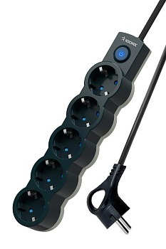 Удлинитель 5х1.5м ПВС 3х0.75 с защ. шторк. с заземл. IP20 с выкл. 220В 10А 2200Вт черн. КОСМОС YKsm1.5m-5g-Z-V10A-B