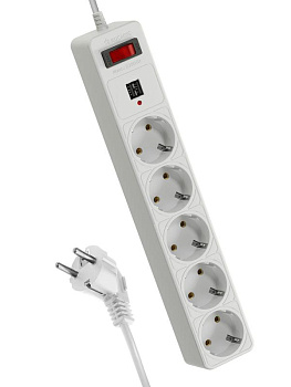 Удлинитель с сетевым фильтром 5х3м с заземл. 10А IP20 2.2кВт с предохранителем 3х0.75 2 USB разъема 2.1А 5В индикатор сети бел. КОСМОС FKsm3m-5g(W)USB