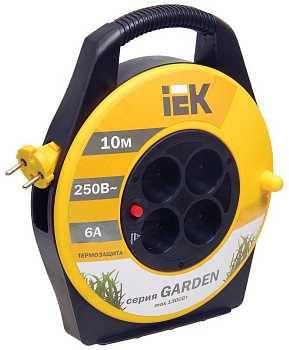 Удлинитель на катушке 4х10м без заземл. 6А IP20 УК10 "Garden" с термозащ. 2х0.75 IEK WKP23-06-04-10 Удлинитель на катушке 4х10м без заземл. 6А IP20 УК10 "Garden" с термозащ. 2х0.75 IEK WKP23-06-04-10