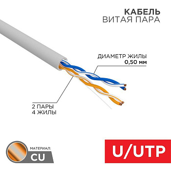 Кабель UTP 2х2х24AWG кат.5е медь бухта (м) Rexant 01-0023