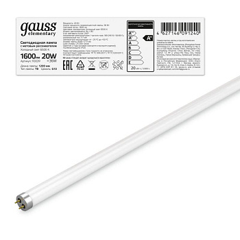 Лампа светодиодная Elementary T8 Glass 1200мм G13 20Вт 6500К Gauss 93039 Лампа светодиодная Elementary T8 Glass 1200мм G13 20Вт 6500К Gauss 93039