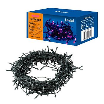 Гирлянда светодиодная ULD-S1000-100/DGA PINK IP20 10м 100 LED роз. свет провод зеленый. Uniel UL-00008406