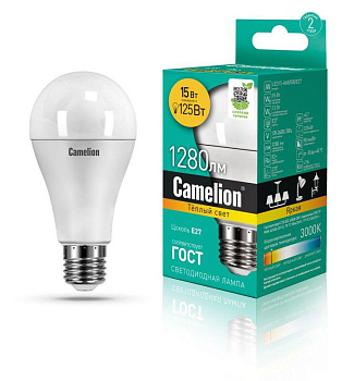 Лампа светодиодная LED15-A65/830/E27 15Вт грушевидная 3000К тепл. бел. E27 1280лм 170-265В Camelion 12196 / 12185 Лампа светодиодная LED15-A65/830/E27 15Вт грушевидная 3000К тепл. бел. E27 1280лм 170-265В Camelion 12196 / 12185