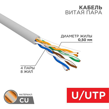 Кабель витая пара U/UTP кат.5e 4х2х24AWG solid CU PVC сер. 305м (м) Rexant 01-0043