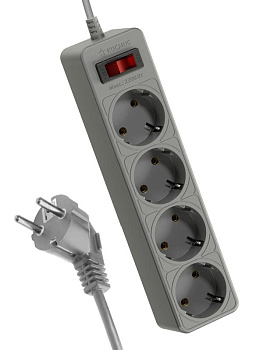 Удлинитель с сетевым фильтром 4х1.5м с заземл. 10А IP20 2.2кВт с предохранителем 3х0.75 индикатор сети сер. КОСМОС FKsm1.5m-4g(G)