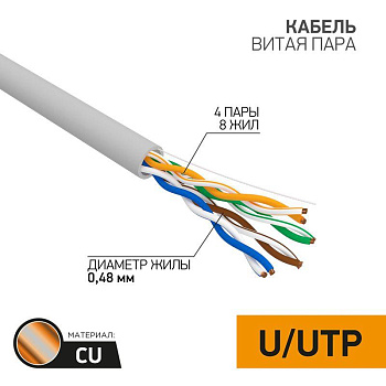 Кабель витая пара U/UTP 4х2х24AWG кат.5е медь сер. 305м сер. (м) PROCONNECT 01-0052