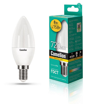 Лампа светодиодная LED8-C35/830/E14 8Вт свеча 3000К тепл. бел. E14 720лм 170-265В Camelion 12385 Лампа светодиодная LED8-C35/830/E14 8Вт свеча 3000К тепл. бел. E14 720лм 170-265В Camelion 12385