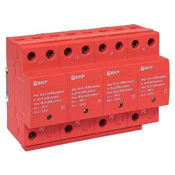 Устройство защиты от импульсных перенапряжений класс 1 Iimp 25кА (10/350мкс) 4P EKF spd-t1-4p Устройство защиты от импульсных перенапряжений класс 1 Iimp 25кА (10/350мкс) 4P EKF spd-t1-4p