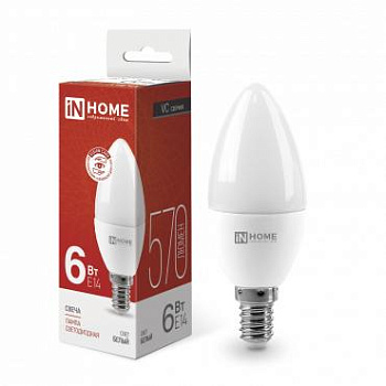 Лампа светодиодная LED-Свеча-VC 6Вт свеча 4000К нейтр. бел. E14 540лм 230В IN HOME 4690612020396