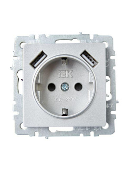 Розетка BRITE РЮш10-1-БрА 16А с USB A+A 2.1А с заземл. защ. шторки алюм. IEK BR-R14-16-U21-D21-K47