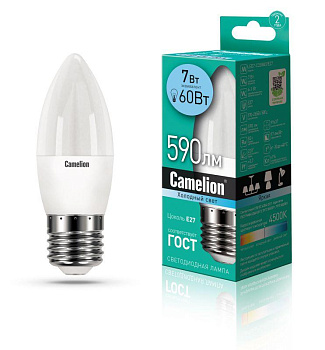 Лампа светодиодная LED7-C35/845/E27 7Вт свеча 4500К бел. E27 560лм 220В Camelion 12078 Лампа светодиодная LED7-C35/845/E27 7Вт свеча 4500К бел. E27 560лм 220В Camelion 12078