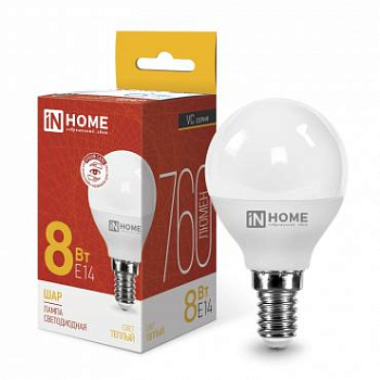 Лампа светодиодная LED-ШАР-VC 8Вт 230В E14 3000К 720лм IN HOME 4690612020549