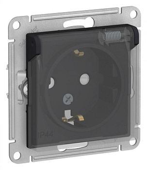 Механизм розетки 1-м СП AtlasDesign Aqua 16А IP44 с заземл. защ. шторки с прозр. крышкой карбон SchE ATN441046