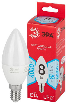 Лампа светодиодная B35-8W-840-E14 R (диод свеча 8Вт нейтр. E14) Эра Б0050200