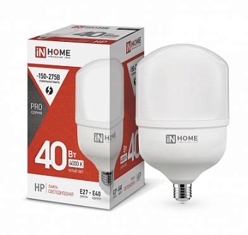 Лампа светодиодная LED-HP-PRO 40Вт 230В 4000К E27 3600лм с адаптером IN HOME 4690612031095 Лампа светодиодная LED-HP-PRO 40Вт 230В 4000К E27 3600лм с адаптером IN HOME 4690612031095