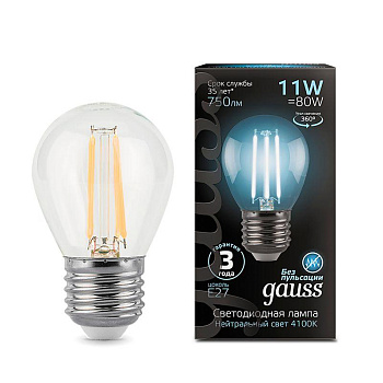 Лампа светодиодная филаментная Black Filament 11Вт шар 4100К E27 Gauss 105802211 Лампа светодиодная филаментная Black Filament 11Вт шар 4100К E27 Gauss 105802211