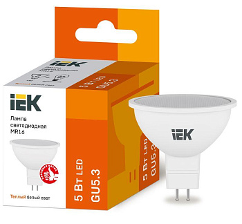 Лампа светодиодная ECO MR16 5Вт 3000К тепл. бел. GU5.3 450лм 230-240В IEK LLE-MR16-5-230-30-GU5 Лампа светодиодная ECO MR16 5Вт 3000К тепл. бел. GU5.3 450лм 230-240В IEK LLE-MR16-5-230-30-GU5