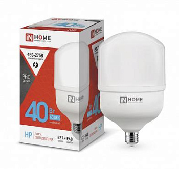 Лампа светодиодная LED-HP-PRO 40Вт 230В 6500К E27 3600лм с адаптером IN HOME 4690612031101 Лампа светодиодная LED-HP-PRO 40Вт 230В 6500К E27 3600лм с адаптером IN HOME 4690612031101