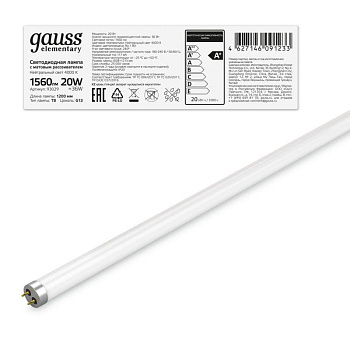Лампа светодиодная Elementary T8 Glass 1200мм G13 20Вт 4000К Gauss 93029 Лампа светодиодная Elementary T8 Glass 1200мм G13 20Вт 4000К Gauss 93029
