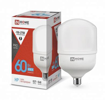 Лампа светодиодная LED-HP-PRO 60Вт 230В 6500К E27 5400Лм с адаптером IN HOME 4690612031132 Лампа светодиодная LED-HP-PRO 60Вт 230В 6500К E27 5400Лм с адаптером IN HOME 4690612031132