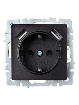Розетка BRITE РЮш10-2-БрЧ 16А с USB A+A 3.1А с заземл. защ. шторки черн. IEK BR-R14-16-U21-D31-K02