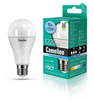 Лампа светодиодная LED15-A60/845/E27 15Вт грушевидная 4500К E27 1320лм 220В бел. Camelion 12186 Лампа светодиодная LED15-A60/845/E27 15Вт грушевидная 4500К E27 1320лм 220В бел. Camelion 12186