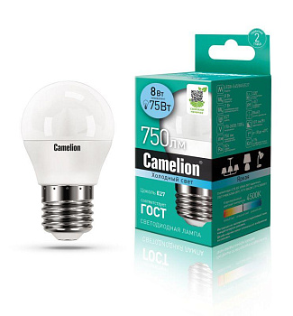 Лампа светодиодная LED8-G45/845/E27 8Вт шар 4500К бел. E27 750лм 170-265В Camelion 12394 Лампа светодиодная LED8-G45/845/E27 8Вт шар 4500К бел. E27 750лм 170-265В Camelion 12394