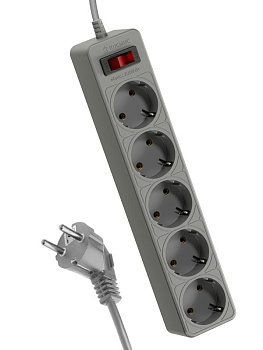 Удлинитель с сетевым фильтром 5х5м с заземл. 10А IP20 2.2кВт 3х0.75 индикатор сети сер. Космос FKsm5m-5g(G)