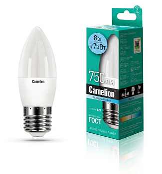 Лампа светодиодная LED8-C35/845/E27 8Вт свеча 4500К бел. E27 750лм 170-265В Camelion 12390 Лампа светодиодная LED8-C35/845/E27 8Вт свеча 4500К бел. E27 750лм 170-265В Camelion 12390