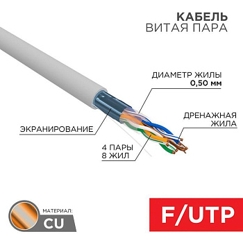Кабель витая пара F/UTP кат.5e 4х2х24AWG solid CU PVC сер. 305м (м) Rexant 01-0143
