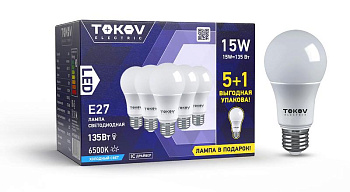 Лампа светодиодная 15Вт А60 6500К Е27 176-264В Promo 5+1 TOKOV ELECTRIC Promo-A60-E27-15-6.5K Лампа светодиодная 15Вт А60 6500К Е27 176-264В Promo 5+1 TOKOV ELECTRIC Promo-A60-E27-15-6.5K