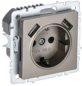 Розетка BRITE РЮш10-2-БрШ 16А с USB A+A 3.1А с заземл. защ. шторки шампань IEK BR-R14-16-U21-D31-K37
