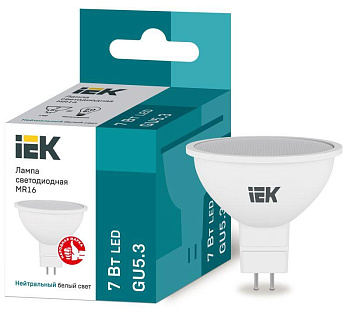 Лампа светодиодная ECO MR16 7Вт 4000К бел. GU5.3 630лм 230-240В IEK LLE-MR16-7-230-40-GU5 Лампа светодиодная ECO MR16 7Вт 4000К бел. GU5.3 630лм 230-240В IEK LLE-MR16-7-230-40-GU5