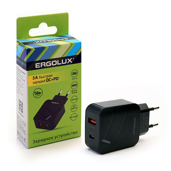 Адаптер сетевой ELX-РA01QC-C02 1USB+1Type C 100-220В 5-9В/3А QC коробка черн. ERGOLUX 15108 Адаптер сетевой ELX-РA01QC-C02 1USB+1Type C 100-220В 5-9В/3А QC коробка черн. ERGOLUX 15108