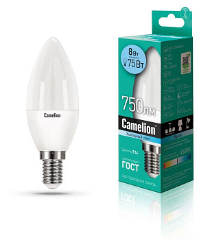 Лампа светодиодная LED8-C35/845/E14 8Вт свеча 4500К бел. E14 750лм 170-265В Camelion 12386 Лампа светодиодная LED8-C35/845/E14 8Вт свеча 4500К бел. E14 750лм 170-265В Camelion 12386
