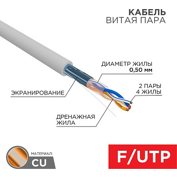 Кабель витая пара F/UTP кат.5e 2х2х24AWG solid CU PVC сер. 305м (м) Rexant 01-0122