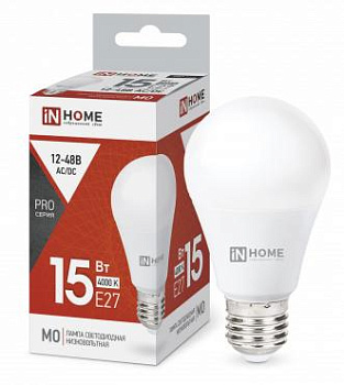 Лампа светодиодная низковольтная LED-MO-PRO 15Вт 12-48В Е27 4000К 1200лм IN HOME 4690612036182 Лампа светодиодная низковольтная LED-MO-PRO 15Вт 12-48В Е27 4000К 1200лм IN HOME 4690612036182