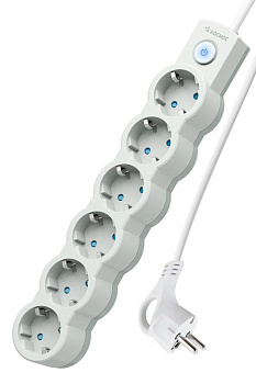 Удлинитель 6х1.5м ПВС 3х0.75 с защ. шторк. с заземл. IP20 с выкл. 220В 10А 2200Вт бел. КОСМОС YKsm1.5m-6g-Z-V10A-W