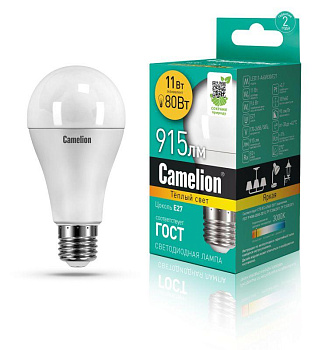 Лампа светодиодная LED11-A60/830/E27 11Вт грушевидная 3000К тепл. бел. E27 840лм 220-240В Camelion 12035 Лампа светодиодная LED11-A60/830/E27 11Вт грушевидная 3000К тепл. бел. E27 840лм 220-240В Camelion 12035