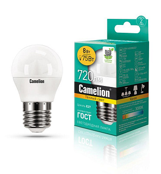 Лампа светодиодная LED8-G45/830/E27 8Вт шар 3000К тепл. бел. E27 720лм 170-265В Camelion 12392 Лампа светодиодная LED8-G45/830/E27 8Вт шар 3000К тепл. бел. E27 720лм 170-265В Camelion 12392