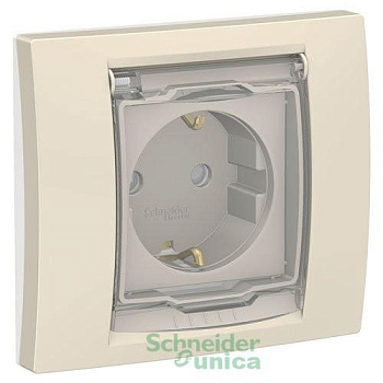 Розетка 1-м 2мод. Unica New 16А IP44 с заземл. защ. шторки с крышкой беж. SchE NU003744