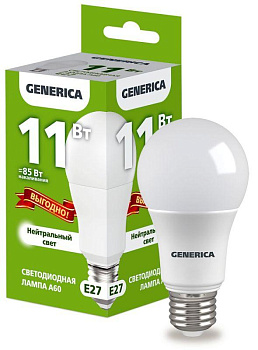 Лампа светодиодная A60 11Вт грушевидная 4000К E27 230В промо GENERICA LL-A60-11-230-40-E27-G