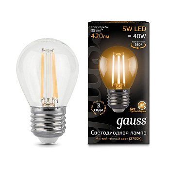 Лампа светодиодная филаментная Black Filament 5Вт шар 2700К E27 Gauss 105802105 Лампа светодиодная филаментная Black Filament 5Вт шар 2700К E27 Gauss 105802105