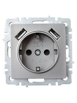 Розетка BRITE РЮш10-1-БрС 16А с USB A+A 2.1А с заземл. защ. шторки сталь IEK BR-R14-16-U21-D21-K46